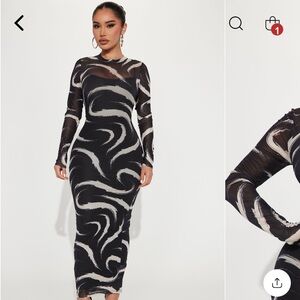 Fashion Nova abstract Black and Cream Mesh Maxi Dress